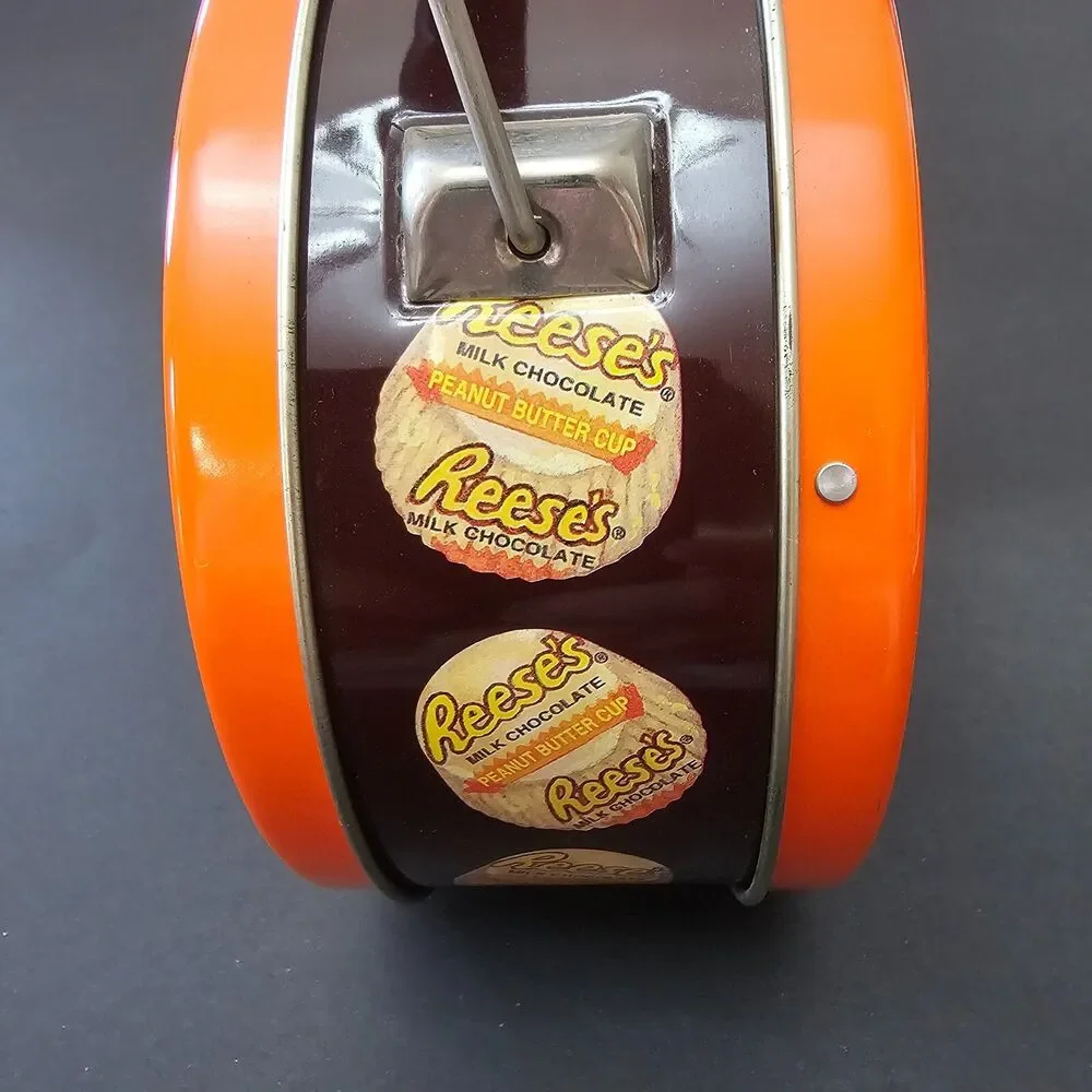 Vintage Round Reese's Peanut Butter Cup Tin with Handle, Mini Cups Around Sides